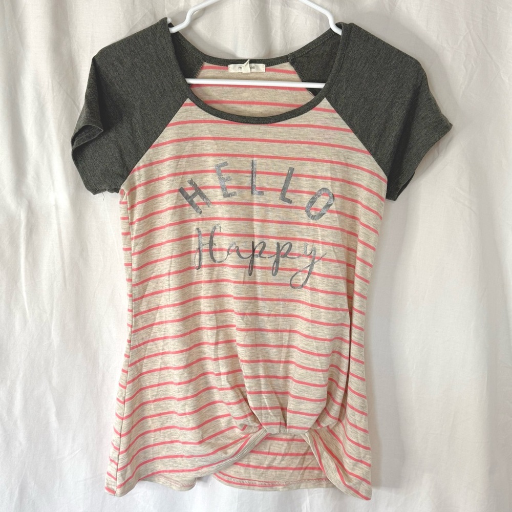 Maurices Woman’s Striped 'Hello Happy' Twist-Hem Raglan Tee Shirt — Size Small